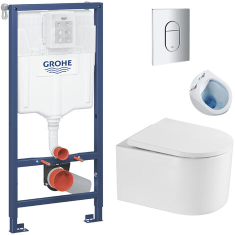 Grohe Pack WC Bâti-support + WC sans bride SAT Delano + Abattant softclose + Plaque Chrome
