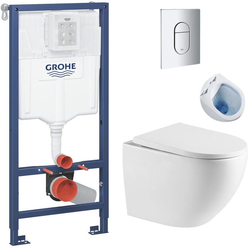 Grohe - Pack wc Bâti-support + wc sans bride sat Fusion + Abattant softclose + Plaque Chrome