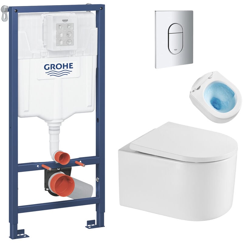 Grohe Pack WC Bâti-support + WC sans bride Tornado Quiet SAT Delano + Abattant softclose + Plaque Chrome