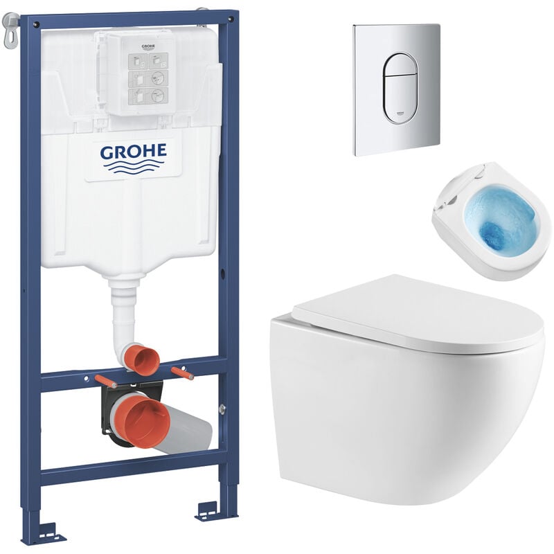 Pack wc Bâti-support + wc sans bride Tornado Quiet sat Fusion + Abattant softclose + Plaque Chrome - Grohe