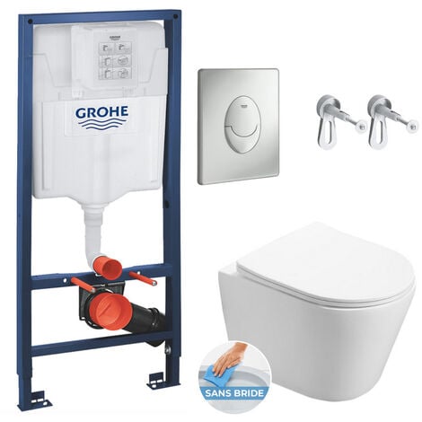 Grohe Pack WC Bâti-support + WC Swiss Aqua Technologies Infinitio sans bride fixation invisible + Plaque chrome mat