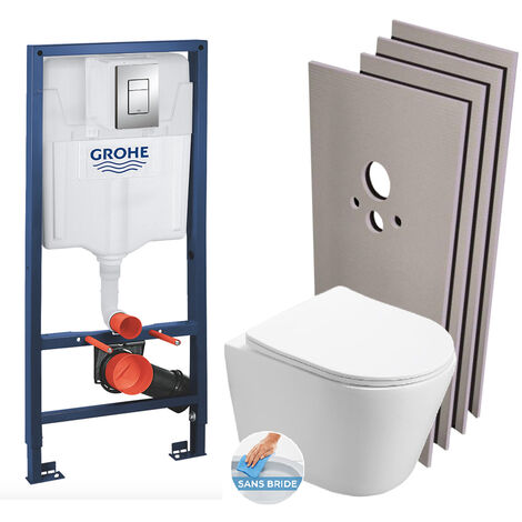 Grohe Pack WC Bâti-support + WC Swiss Aqua Technologies Infinitio sans bride, fixation invisible + Plaque chrome + Set d'habillage