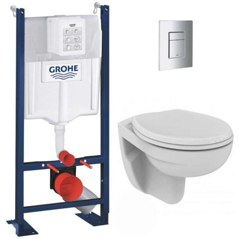 Pack wc Bâti autoportant avec Cuvette Porcher rimless + Abattant + Plaque chrome (ProjectPorcher-1) - Grohe