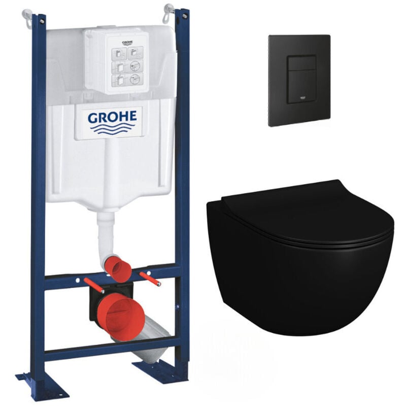 Pack wc Bâti autoportant Rapid sl + wc sans bride Infinitio 2.0 Noir mat + Abattant softclose + Plaque Noir mat - Grohe