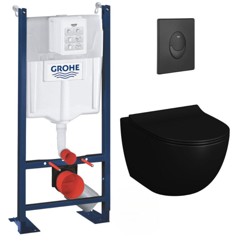 Pack wc Bâti autoportant Rapid sl + wc sans bride Infinitio 2.0 Noir mat + Abattant softclose + Plaque Noir mat - Grohe