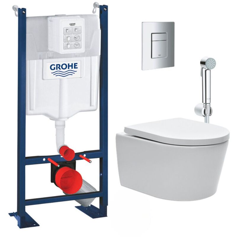 Pack wc Bâti Autoportant Rapid sl + wc sans bride sat + Abattant softclose + Douchette bidet + Plaque chrome - Grohe