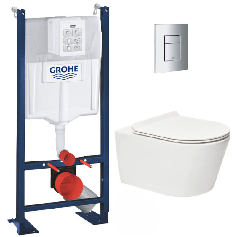 Pack wc Bâti autoportant + wc sans bride sat Brevis + Abattant ultra-fin softclose + Plaque chrome mat (ProjectBrevis-5) - Grohe