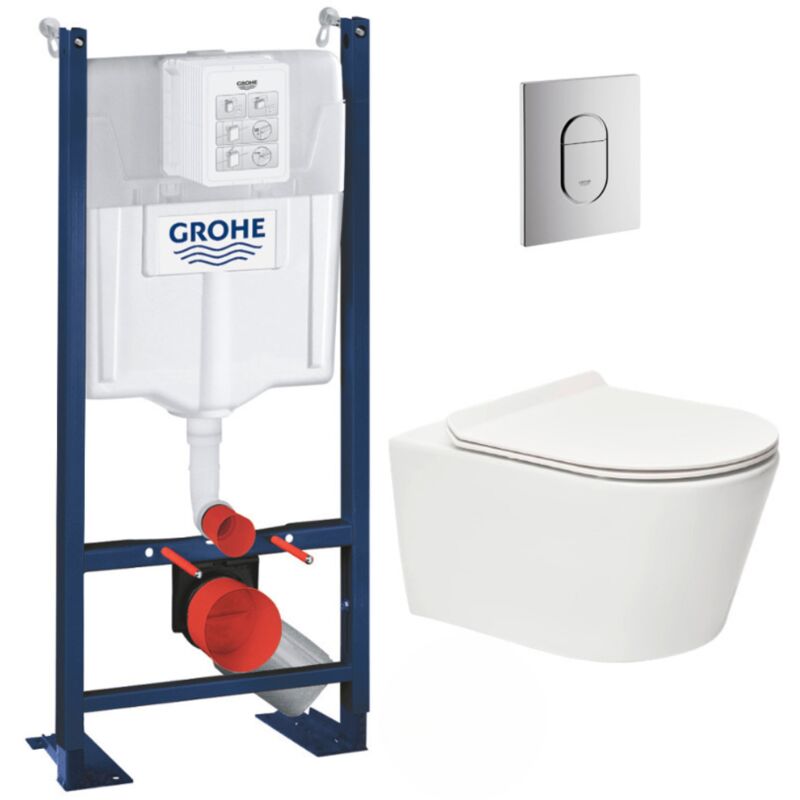 Pack wc Bâti autoportant + wc sans bride sat Brevis + Abattant ultra-fin softclose + Plaque chrome (ProjectBrevis-8) - Grohe