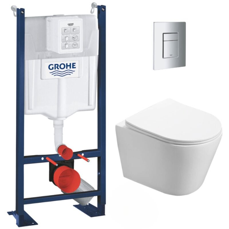 Pack wc Bâti autoportant + wc sans bride sat Infinitio + Abattant softclose + Plaque chrome mat (ProjectInfinitio-5) - Grohe