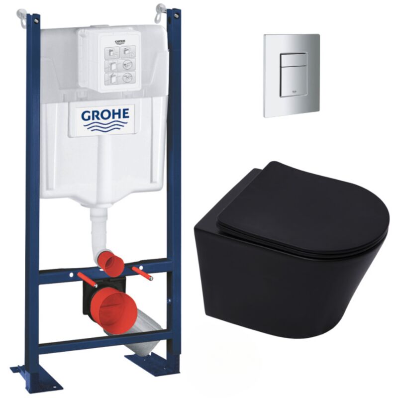 Pack wc Bâti autoportant + wc sans bride sat Infinitio Noir mat + Abattant softclose + Plaque chrome mat - Grohe