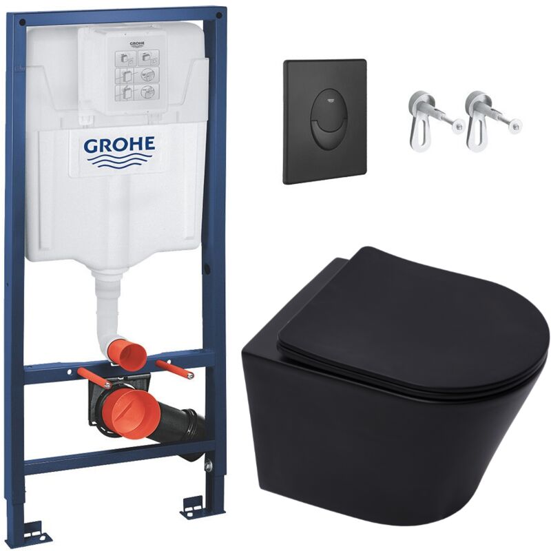 Pack wc Bâti-support Rapid sl + wc Infinitio sans bride noir mat + Abattant softclose + Plaque noire mat - Grohe