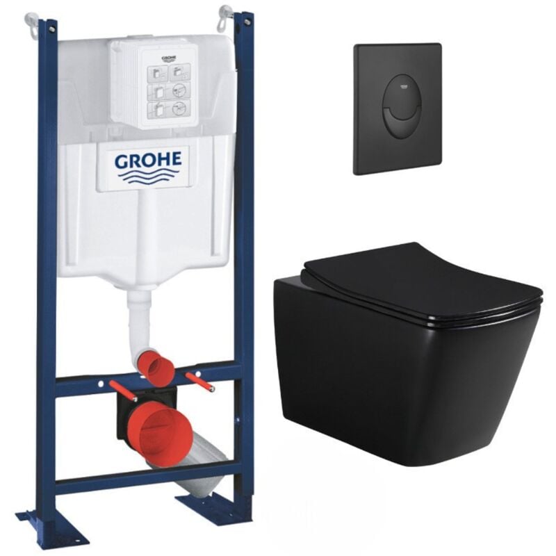 Pack wc Bâti-support Rapid sl + wc sans bride Infinitio Design, Noir mat + Abattant softclose + Plaque Noire mat - Grohe