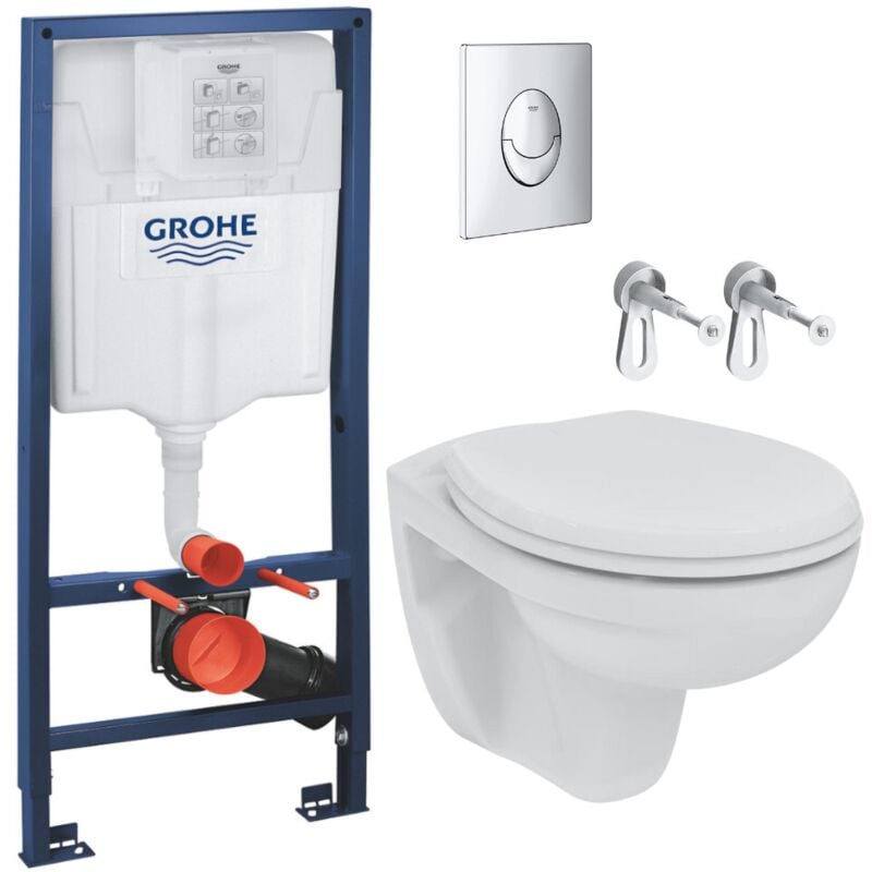 Grohe - Pack wc Bâti-support Rapid sl + wc sans bride Porcher avec abattant + Plaque chrome (RapidSL-Porcher-2)