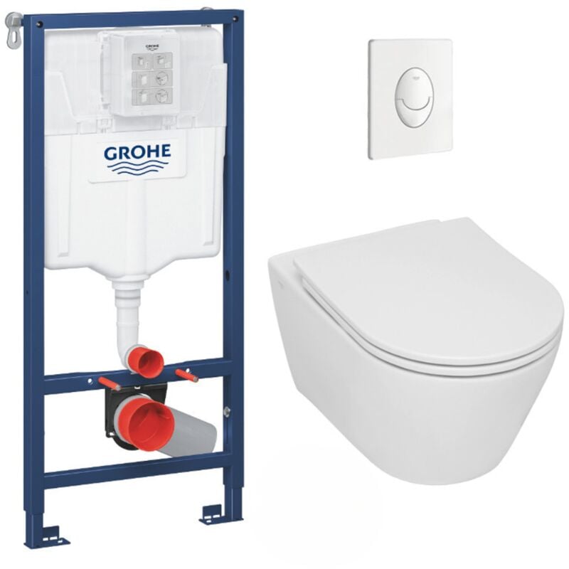 Pack wc Bâti-support Rapid sl + wc sans bride Serel SP26, fixations invisibles + abattant softclose + Plaque blanc alpin - Grohe