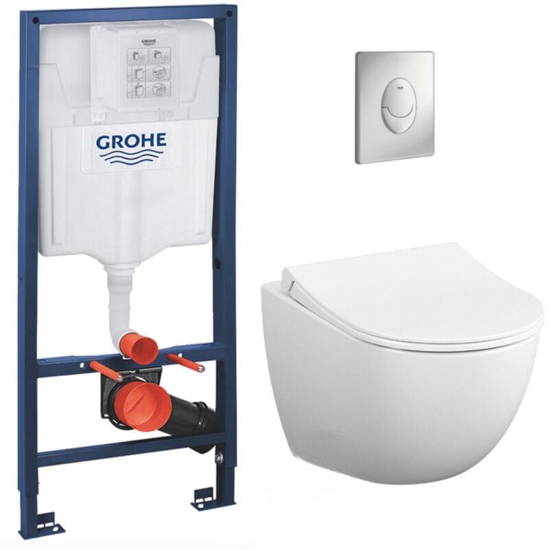 Pack wc Bâti-support Rapid sl + wc sans bride Vitra Sento + Abattant softclose + Plaque Chrome mat ( Sentorimless-7) - Grohe