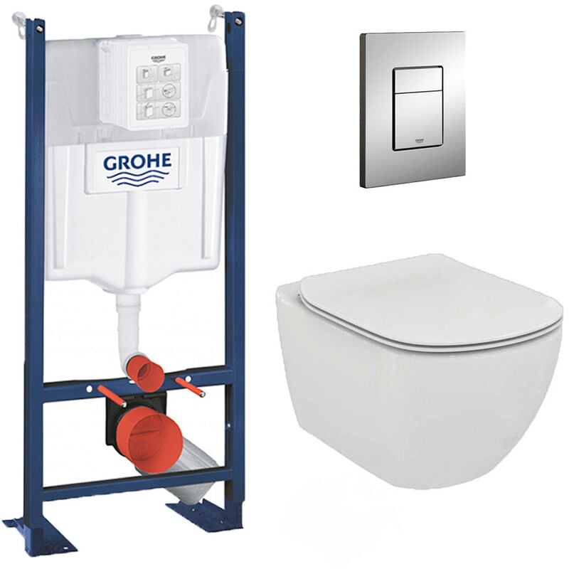 Pack wc Ideal Standard Tesi Aquablade sans bride + Rapid sl autoportant nf + plaque Skate Cosmo chrome (ProjectTesi-1) - Grohe