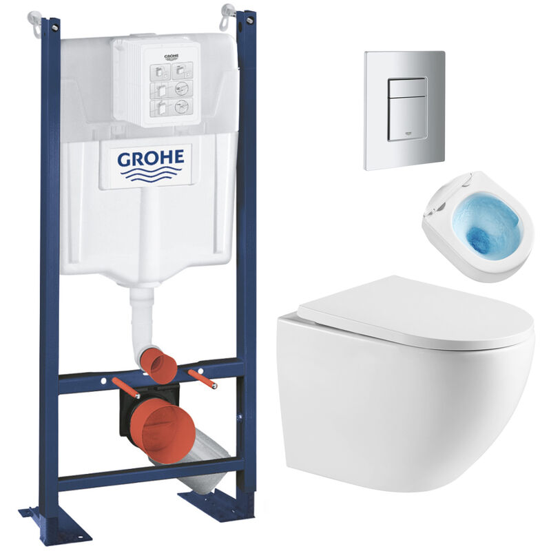 Pack wc Bâti autoportant + wc sans bride Tornado Quiet sat Fusion + Abattant softclose + Plaque Chrome - Grohe