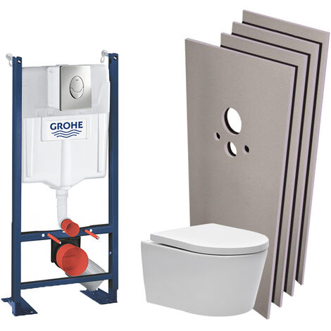 Grohe – Pack WC suspendu Rapid SL – Cuvette sans bride avec fixations invisibles – Abattant frein de chute – Plaque chrome Skate Air
