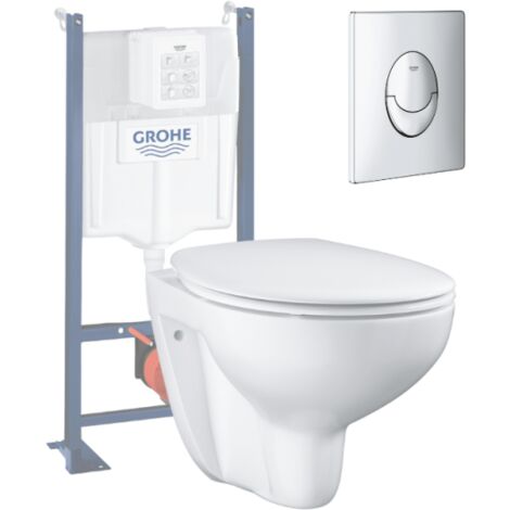 GROHE Pack WC suspendu sans bride Bau Ceramic + abattant + plaque chromée + bâti Grohe
