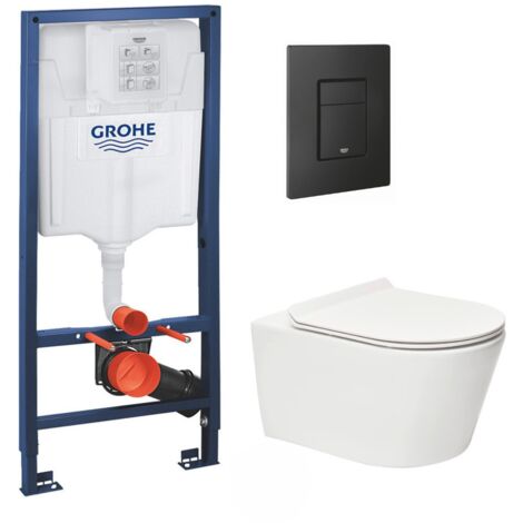 Grohe – Pack WC suspendu sans bride – Cuvette céramique blanche 53cm – Abattant softclose ultra-fin – Plaque de commande noir mat