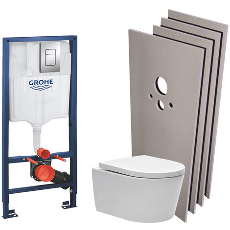 Grohe – Pack WC suspendu sans bride SAT – Cuvette céramique avec fixations invisibles – Plaque Skate chrome – Abattant softclose