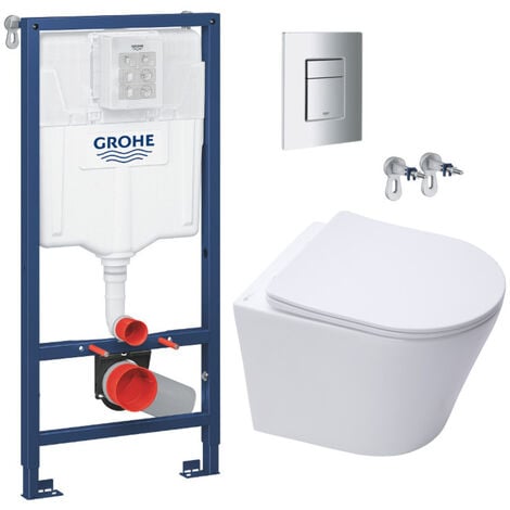 Grohe Pack WC Vorwandelement + WC Swiss Aqua Technologies Infinitio spülrandlos, unsichtbare Befestigung + Chromplatte