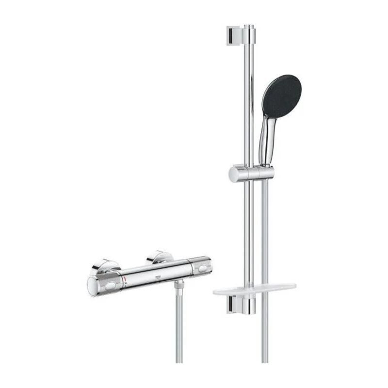 Ensemble de douche avec mitigeur thermostatique, pommeau 3 jets, barre 60cm et flexible Grohe 34791001 - Economie d'eau - Chro