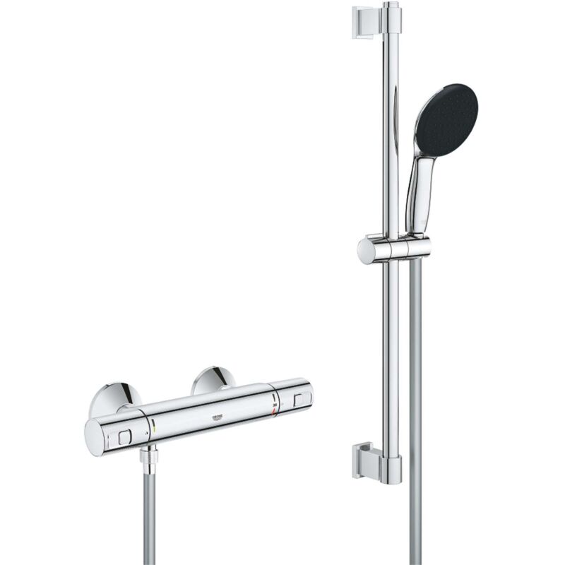 Ensemble de douche avec mitigeur thermostatique, pommeau 1 jet, barre 60cm et flexible Grohe 34597001 - Economie d'eau - Chrom