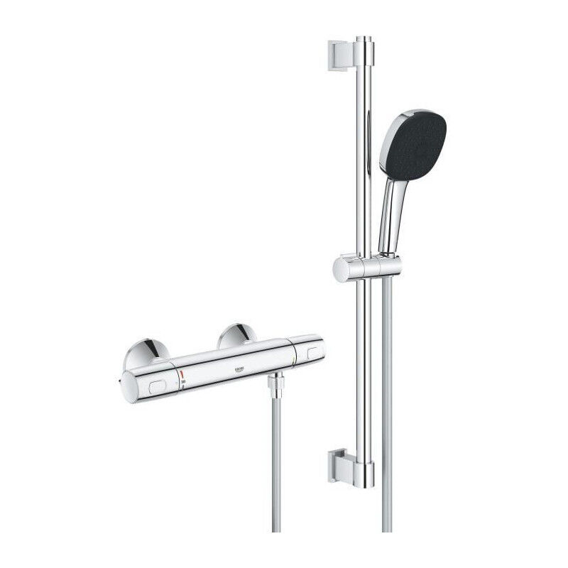 Grohe - Ensemble de douche avec mitigeur thermostatique, pommeau 3 jets, barre 60cm et flexible 34237003 - Economie d'eau - Chro