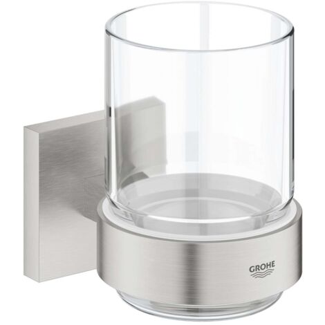 Grohe QuickFix Start Cube - Zahnbürsten- und Zahnpastabecher mit Halterung, Glas/Supersteel 41097DC0