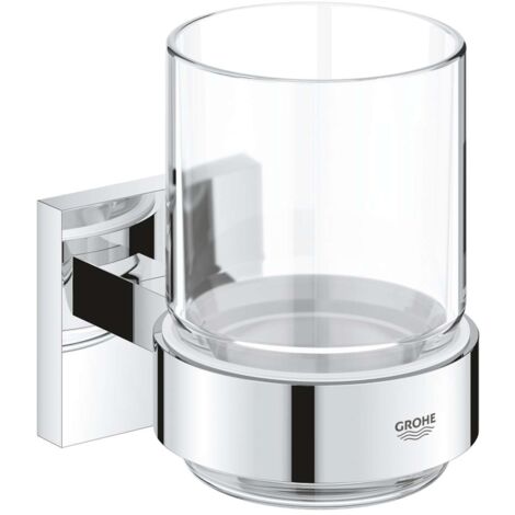 Grohe QuickFix Start Cube - Zahnbürsten- und Zahnpastabecher mit Halterung, Glas/verchromt 41097000