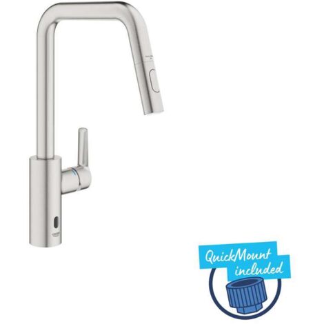 Grohe QuickFix Start - Elektronische Spültischarmatur mit ausziehbarer Brause, Batteriebetrieb, SuperSteel 101243DC00