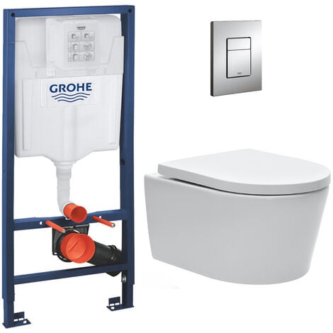 Grohe Rapid SL Vorwandelement + SAT spülrandlose WC, verdeckte Befestigung + Chrom-Skate-Platte (RapidSL-SATrimless-DE-1)