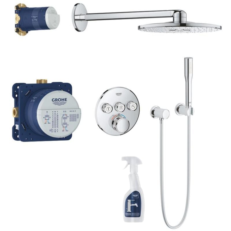 Grohe - Ensemble douche encastrable SmartControl 3 voies rond avec nettoyant robinetterie GrohClean