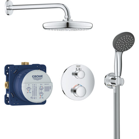 Grohe – Set de douche encastré avec mitigeur thermostatique – Douche de tête 210mm – Douchette 2 jets – Finition chrome – Installation rapide