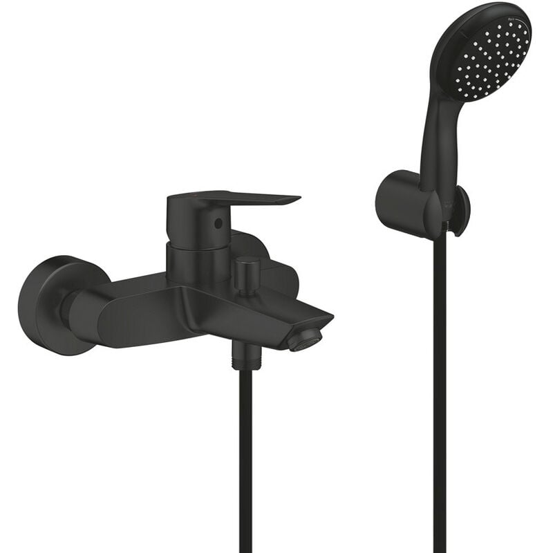 Set de douche mitigeur Bain/douche 1/2'+ Douchette 2 jets + support mural + Flexible 1750 mm, noir mat - Grohe