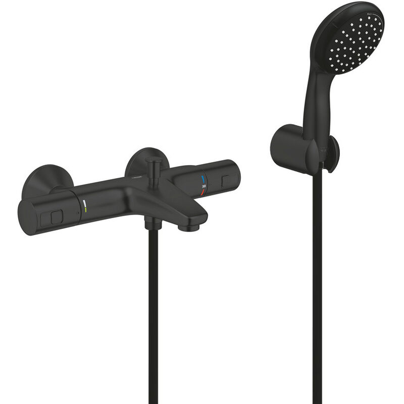 Set de douche mitigeur bain/douche thermostatique + Douchette 2 jets + support mural + Flexible 1750 mm, noir mat - Grohe