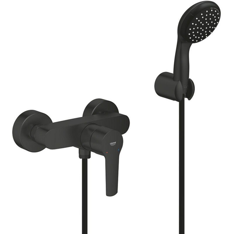 Grohe - Set de douche mitigeur monocommande + Douchette 2 jets + support mural + Flexible 1750 mm, noir mat