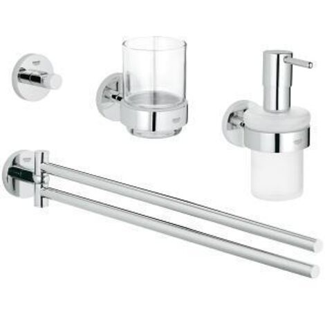 Grohe – Set de salle de bain 4 en 1 chromé – Distributeur de savon, verre, porte-serviettes double – Fixations invisibles – Métal et verre