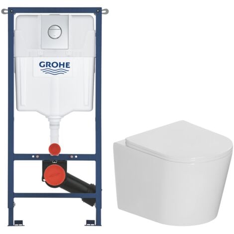 Grohe Solido pack WC bâti 4 en 1 + WC suspendu sans bride Ceramia avec abattant SoftClose + plaque (GRRST14WT01-FR)
