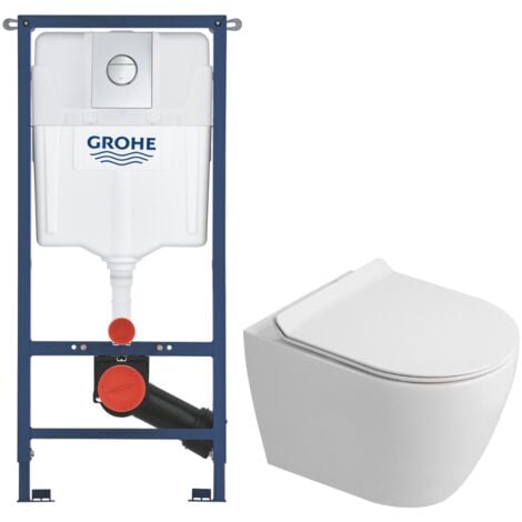 Grohe Solido pack WC kit bâti-support 4 en 1 + WC suspendu sans bride Ceramia avec abattant SoftClose + plaque chrome (GRRCEPXWT14-FR)