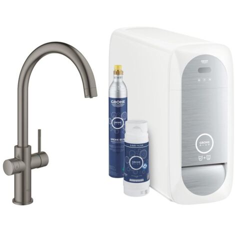 Grohe Starter Kit Grohe Blue Home, C-Auslauf, Hard Graphite gebürstet, Einlochmontage