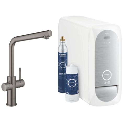 Grohe Starter Kit Grohe Blue Home, L-Auslauf, Hard Graphite gebürstet, Einlochmontage