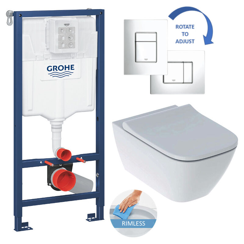 Grohe Toilet Set Grohe Rapid SL support frame + Geberit Smyle Square wall-hung toilet + Skate Cosmopolitan flush plate