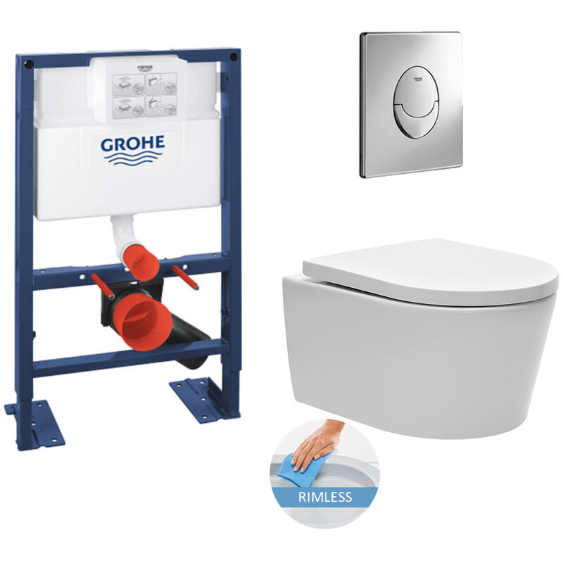 Grohe - Toilet Set Rapid sl 82cm self-supporting + sat rimless bowl invisible fixings + Skate Air chrome plate (RapidSL82SatRimless-2)