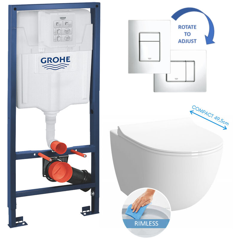 Toilet Set Support frame + Sento rim-ex Compact bowl (rimless) + chrome flush plate ( SentoRimlessCOMPACT) - Grohe