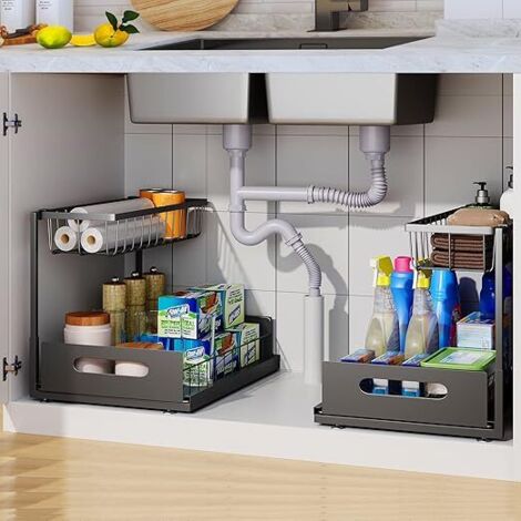 GROOFOO 2Pcs Rangement sous l'Évier, Organisateur d'Armoire Coulissante à 2 Niveaux, Multi-Usage pour le Rangement et l'Organisation sous l'Évier de la Cuisine et de la Salle de Bain (Noir)