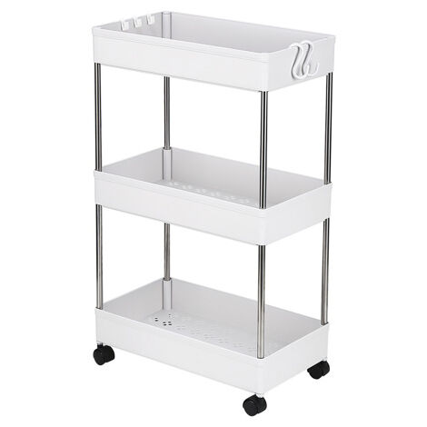 GROOFOO 3-Layer Mobile Multi-functional Storage Cart,Suitable for Kitchen, Bathroom, Laundry Room Narrow Place, Plastic and Stainless Steel, White