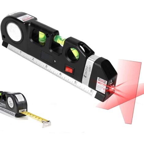 LANGRAY GROOFOO 4 in 1 Spirit Level with Cross Lines, 9 Inch Tape Measure, Multifunction Ruler, Small and Battery, 45 ° Vertical and Horizontal, Self-Leveling Tool