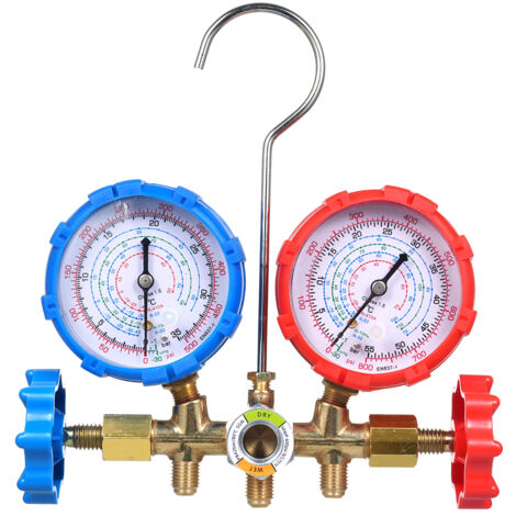 GROOFOO AC Gauges, AC Manifold Gauge Set for R134a R32 R22 R410A, 3 Way Automotive AC Gauge Set with Hoses Adapter